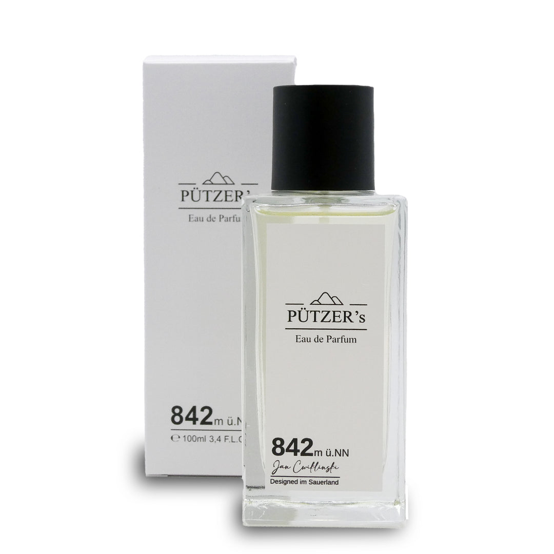 842m ü.NN Eau de Parfum bottle and box, 100ml, warm woody fragrance with citrus, apple, cinnamon, and sandalwood notes, made in Germany.