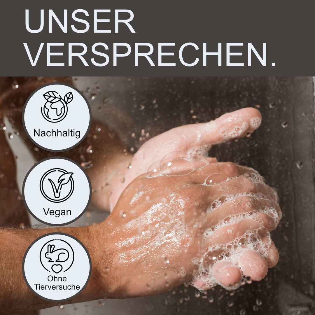 Händewaschen mit Nachhaltigkeits-, Veganismus- und tierversuchsfreien Icons in der Dusche, mit Text 'Unser Versprechen'.