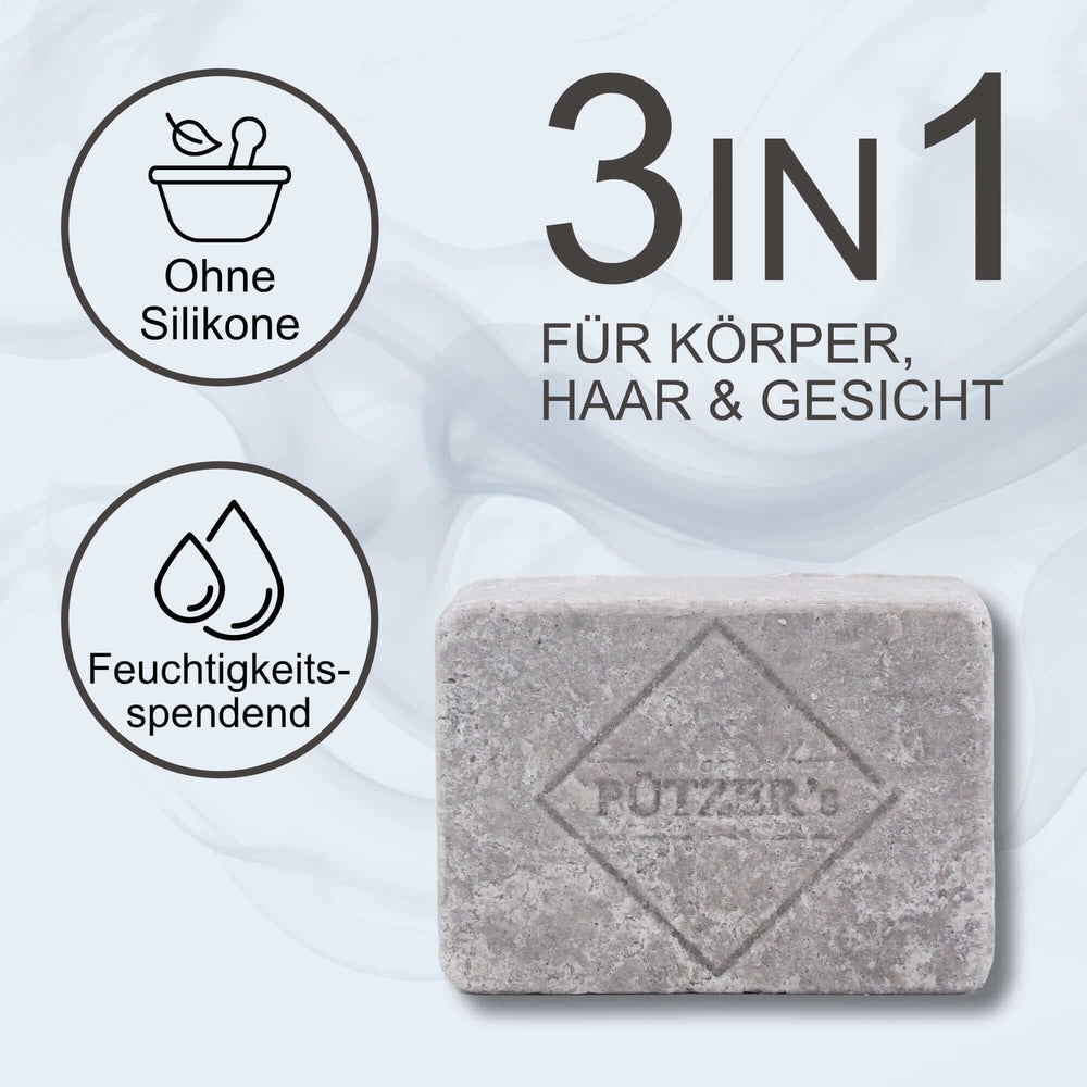 Festes Duschgel 110g 3in1 für Körper, Haar & Gesicht, feuchtigkeitsspendend und ohne Silikone.