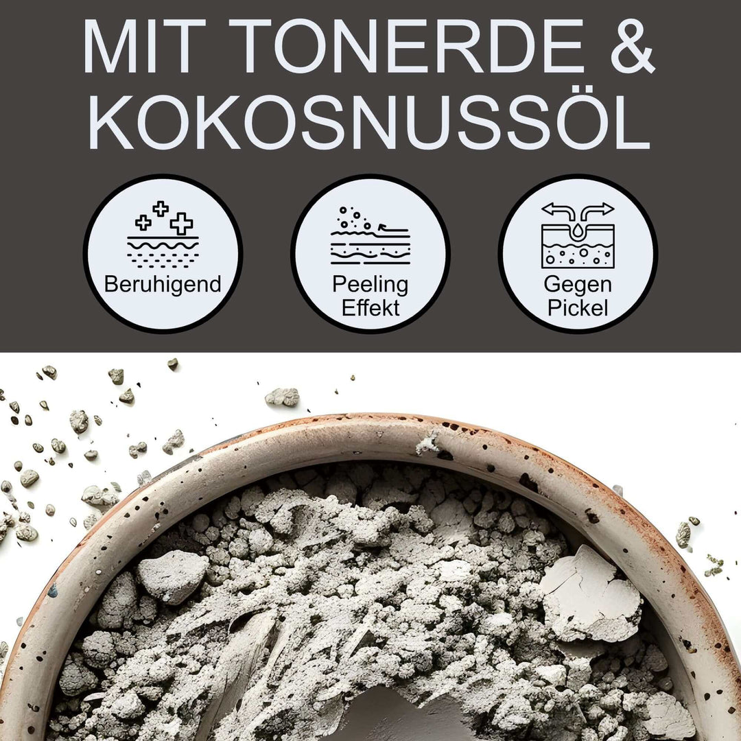 Produktbild mit Tonerdepulver in Schale, beschriftet mit "Mit Tonerde & Kokosnussöl", beruhigend, Peeling Effekt, gegen Pickel.